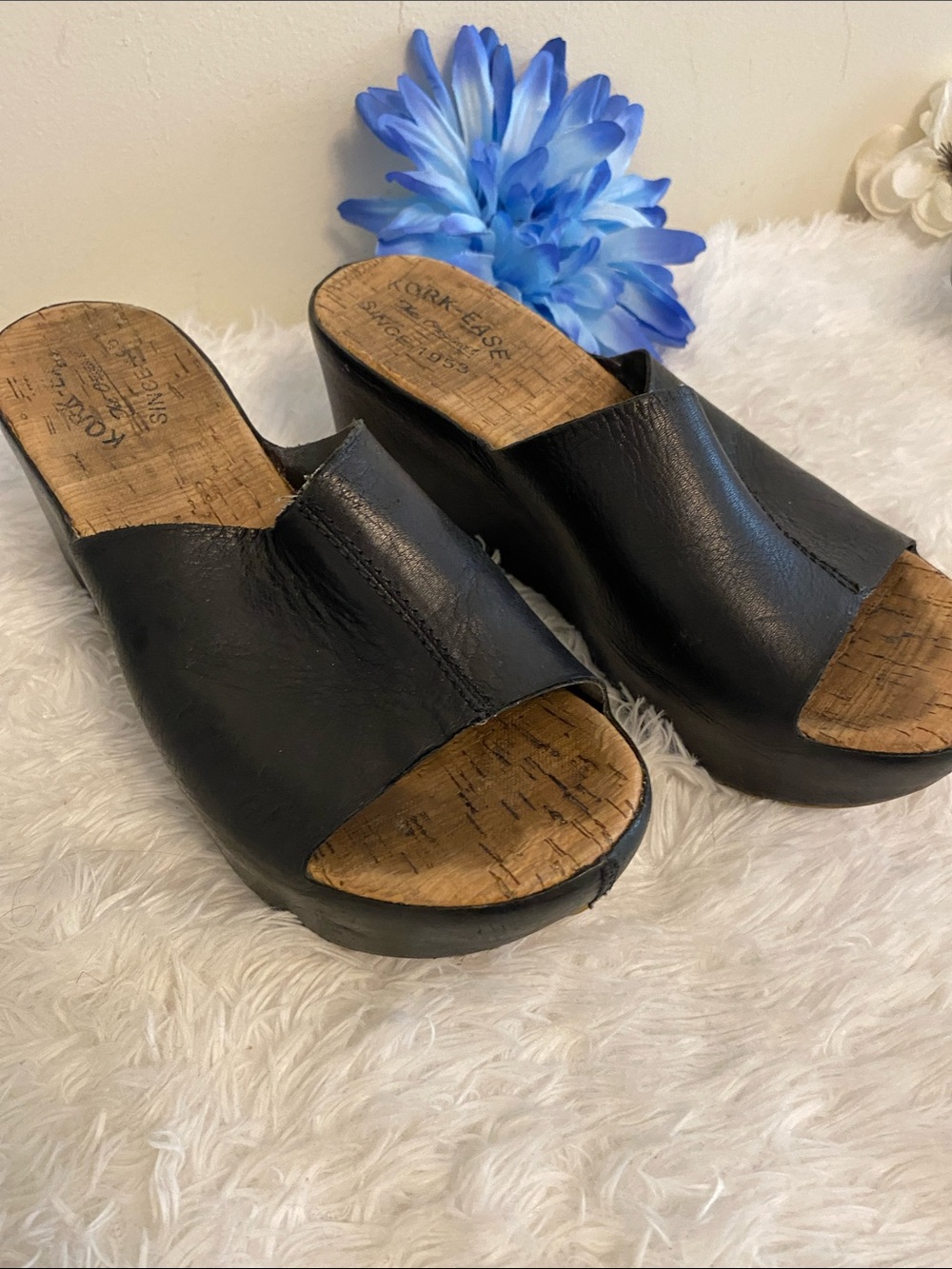 Kork-Ease Black Leather Cork Wedge Mules sz 7m - Picture 2 of 12